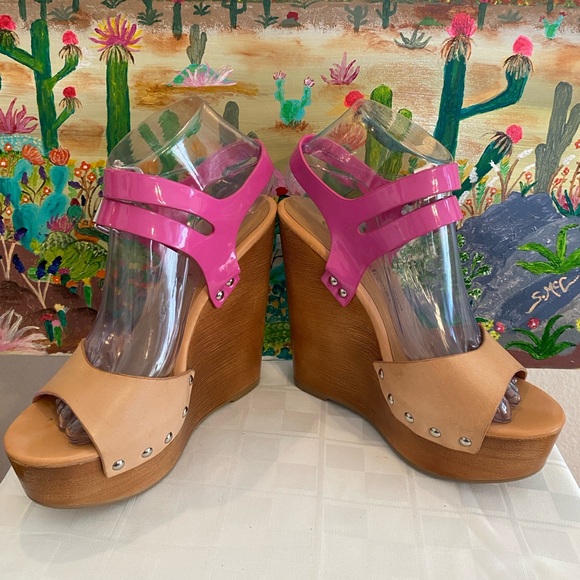 Chinese Laundry, Jungle Gym, Leather Platform Wedge Sandals, Pink/Tan, W Size 7 - Picture 10 of 16